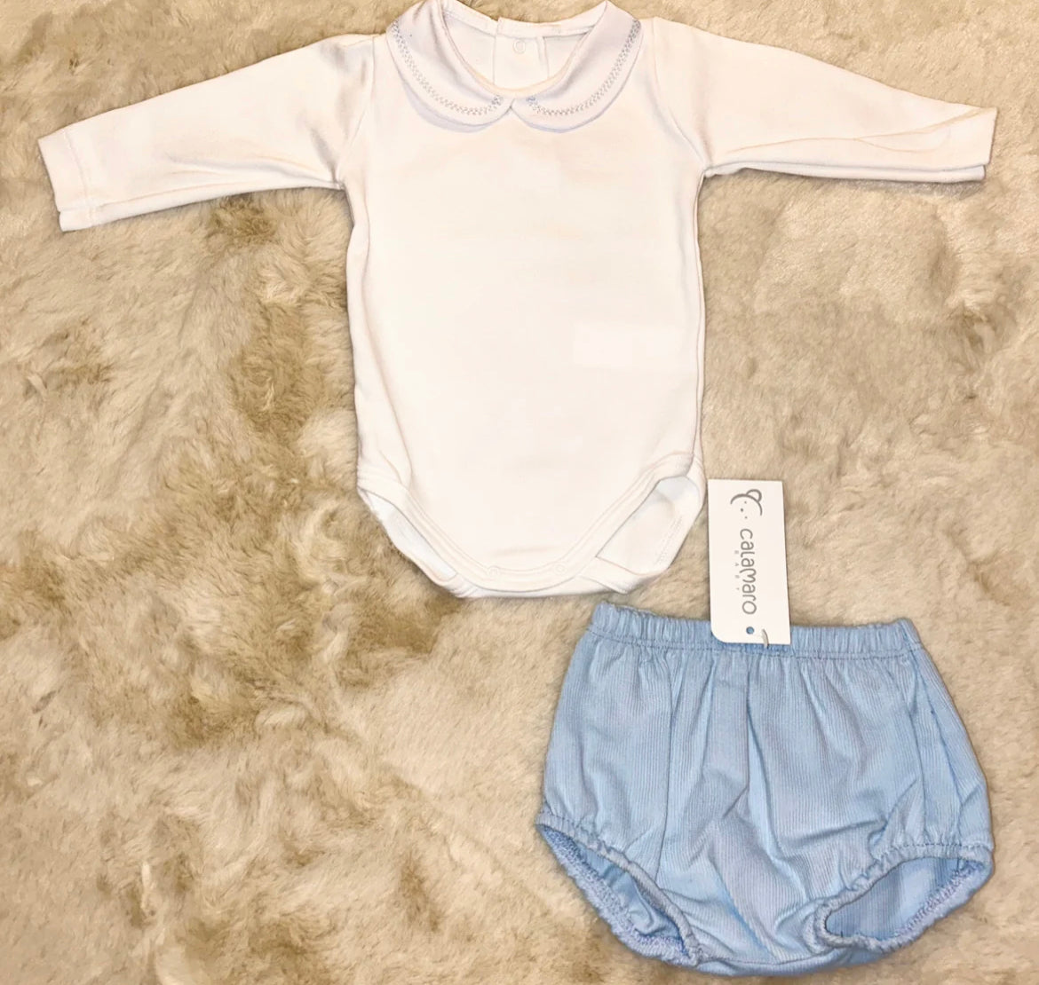 Calamaro Baby Boys Vest with Peter Pan Collar Blue Stitching Blue Cord Jam Pants