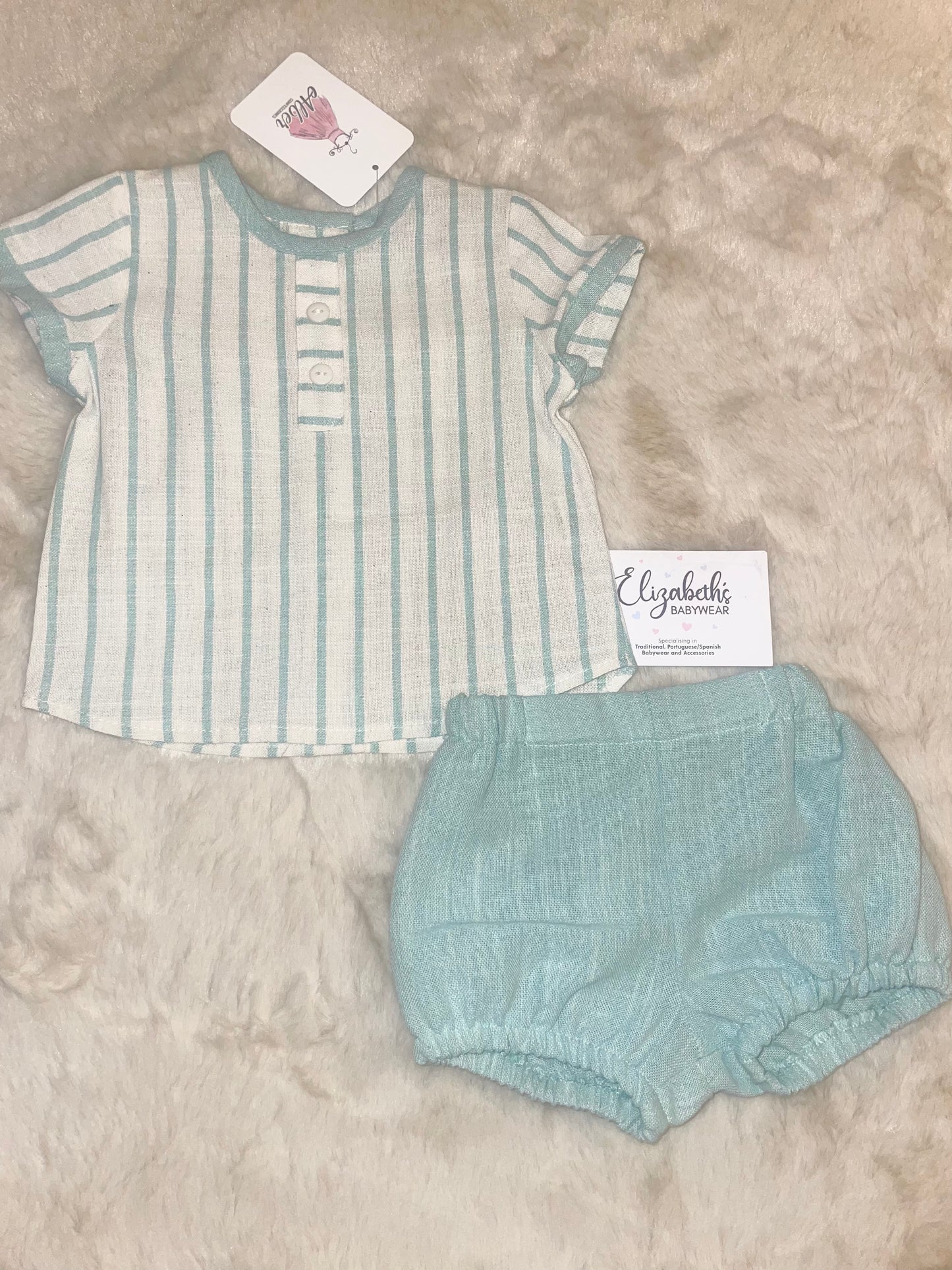 Alber Confecciones Boys Green Striped Two Piece Short Set