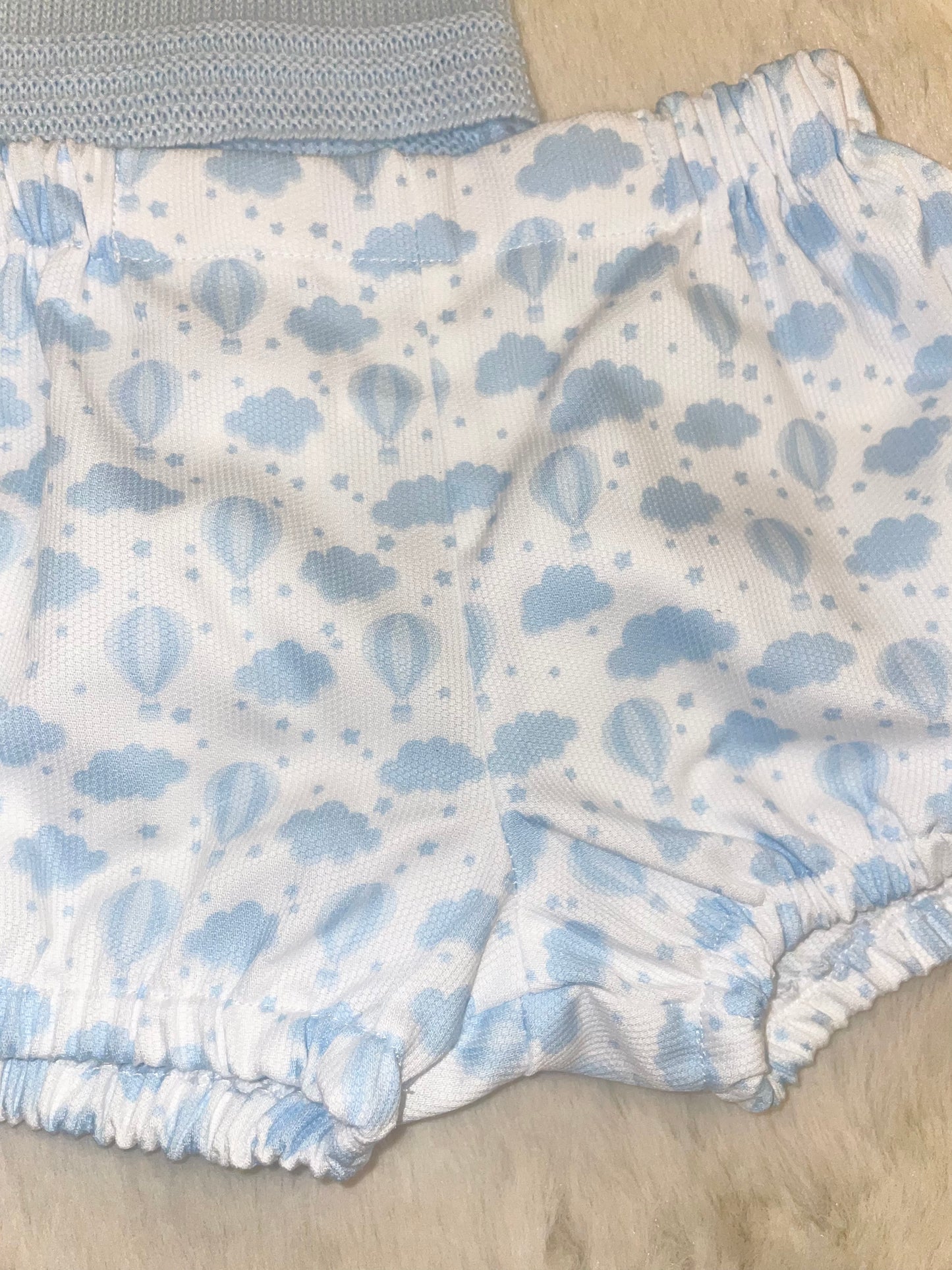 Alber Confecciones Boys Blue Spanish Knit Top & Blue And White Cloud Print Short Set