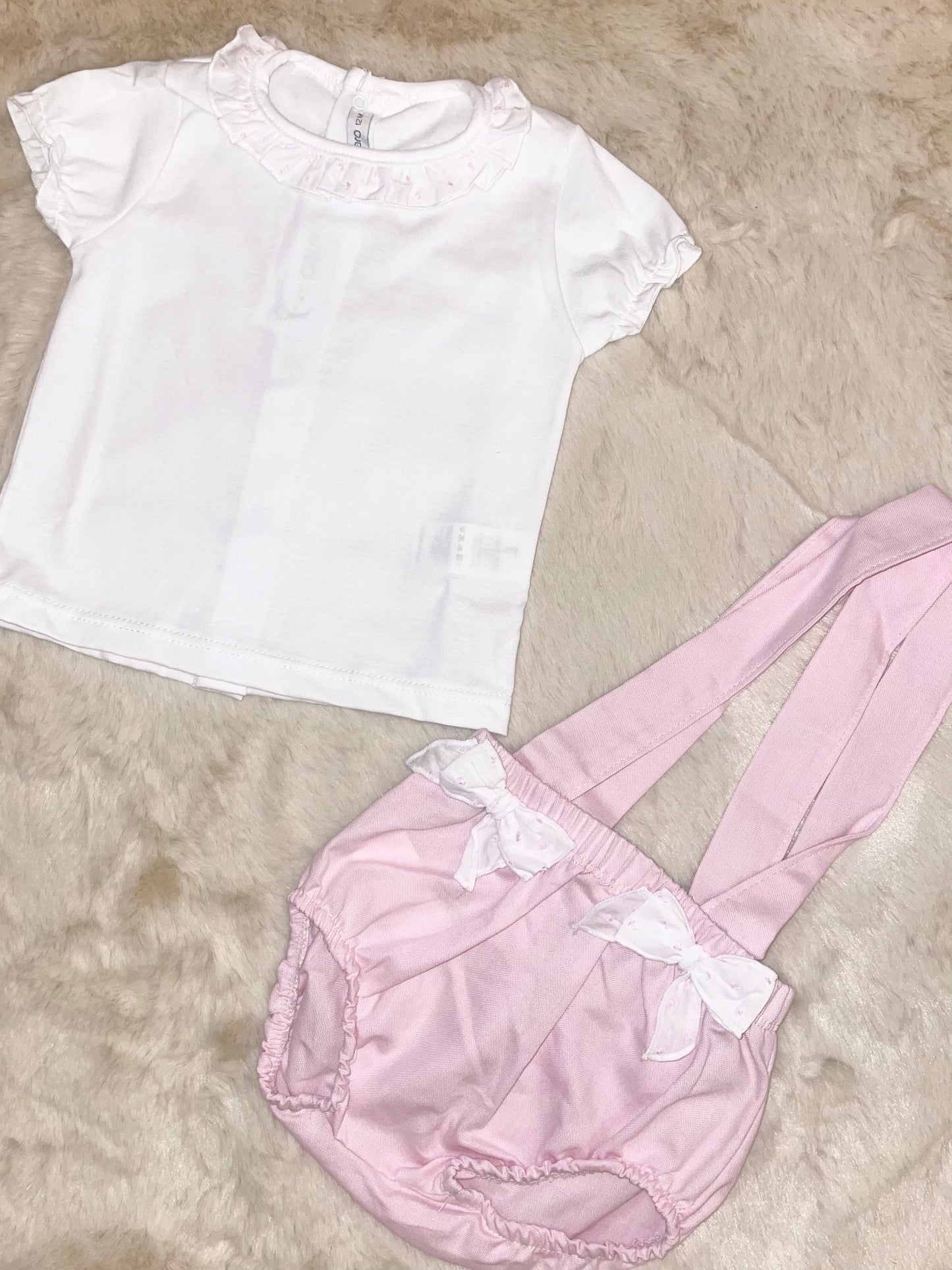 Calamaro Baby Girl White Frill Collared Top With Pink Strappy Pants With Bow Detail