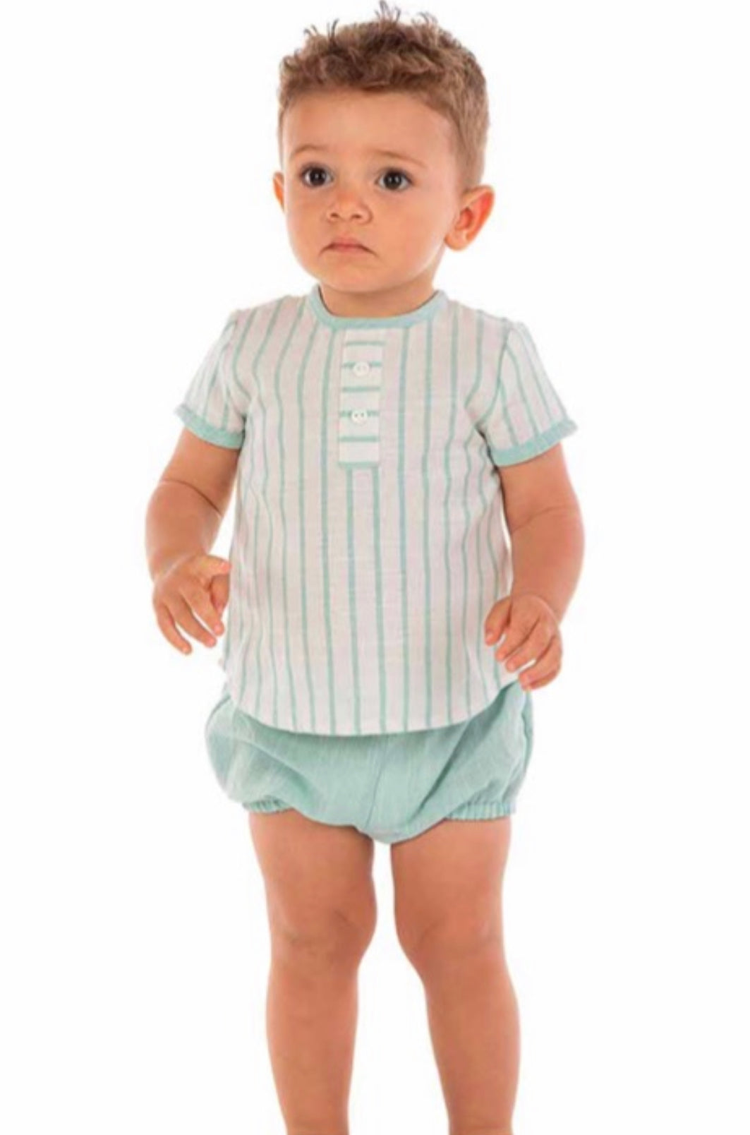 Alber Confecciones Boys Green Striped Two Piece Short Set