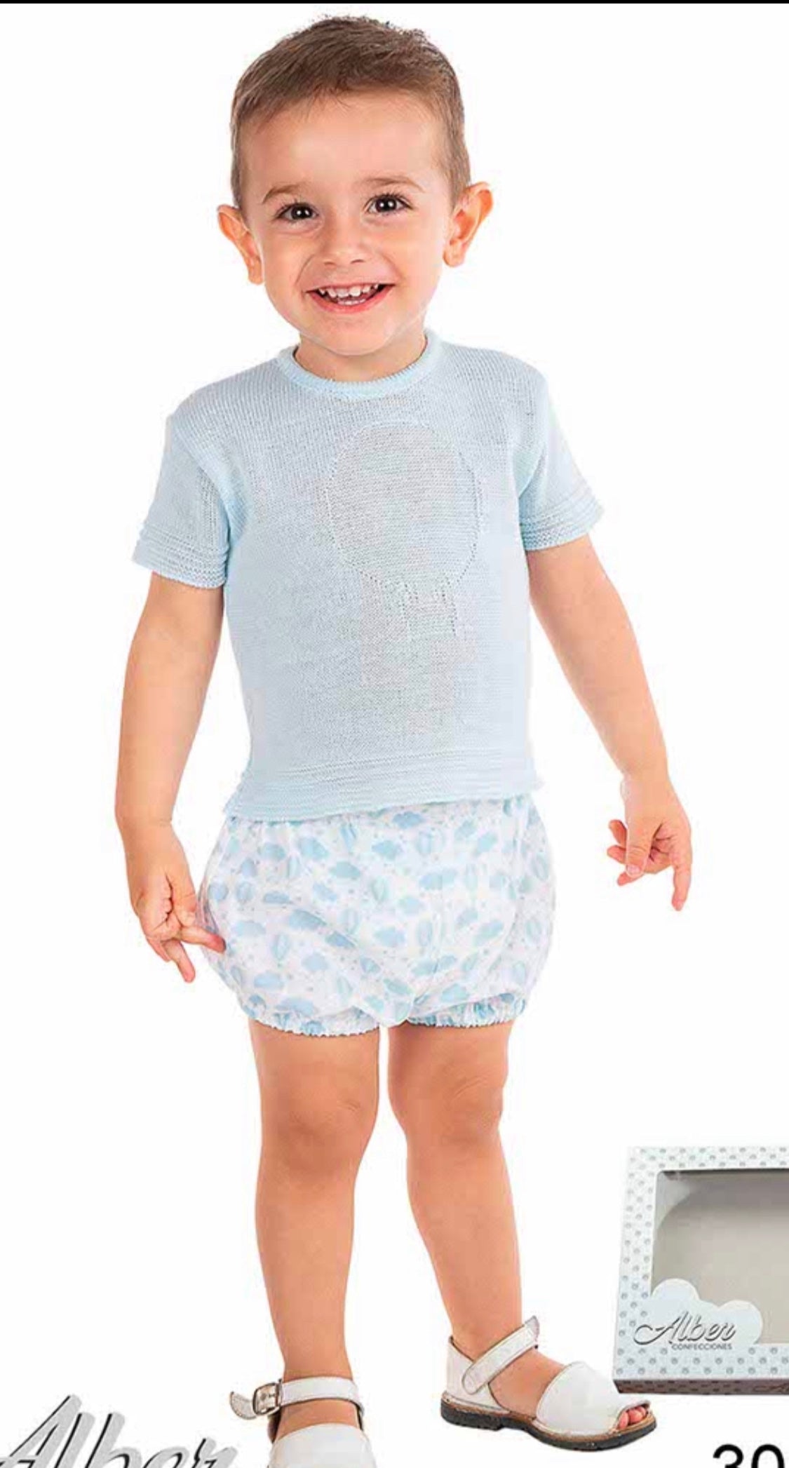 Alber Confecciones Boys Blue Spanish Knit Top & Blue And White Cloud Print Short Set