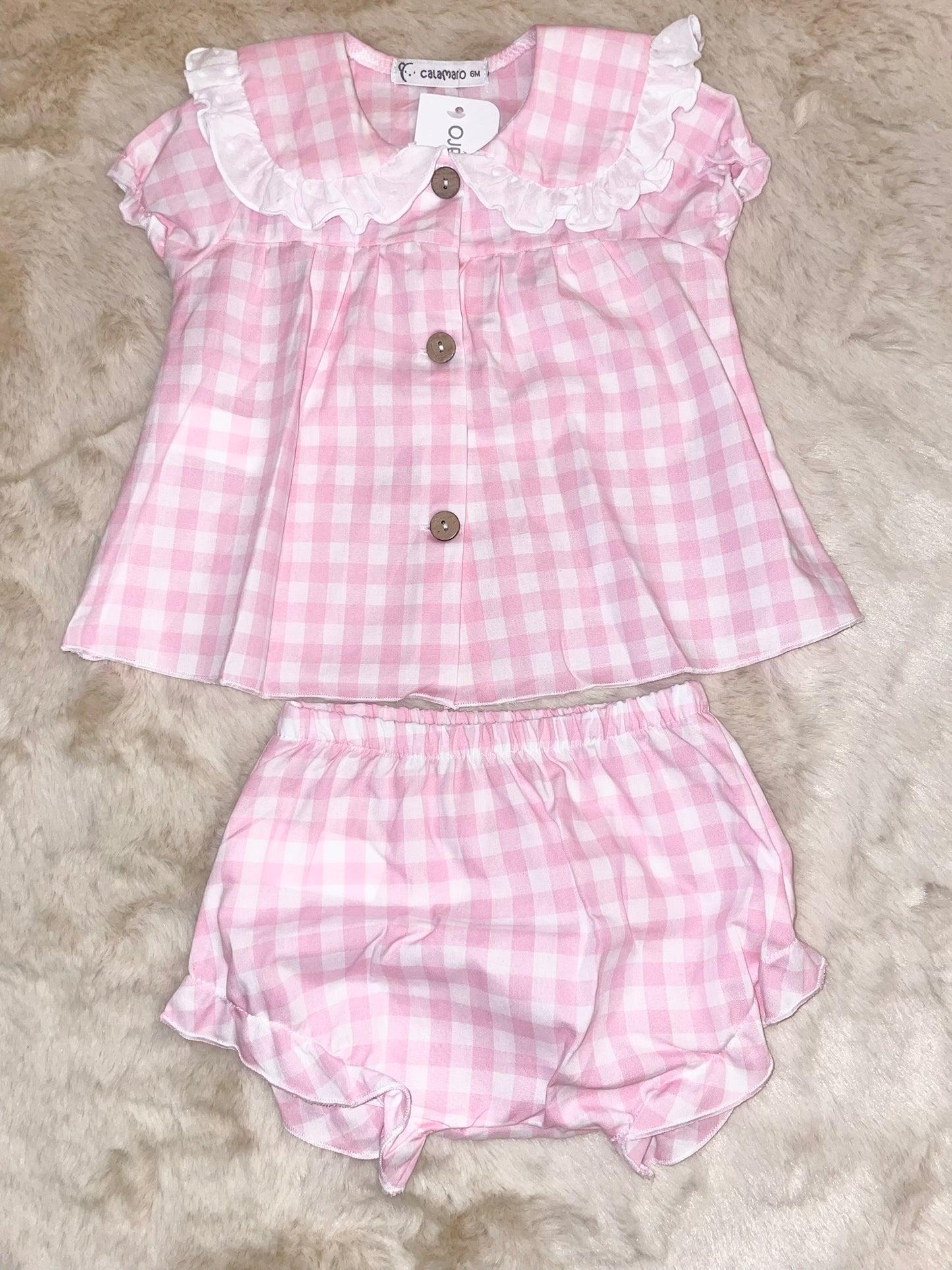 Calamaro Baby Girl Pink and White Gingham Two Piece