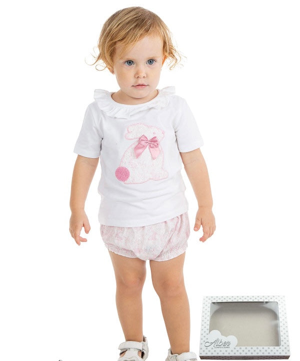 Alber Confecciones Girls Cotton Frill Top With Rabbit Detail And Pink And White Rabbit Detailed Jam Pants