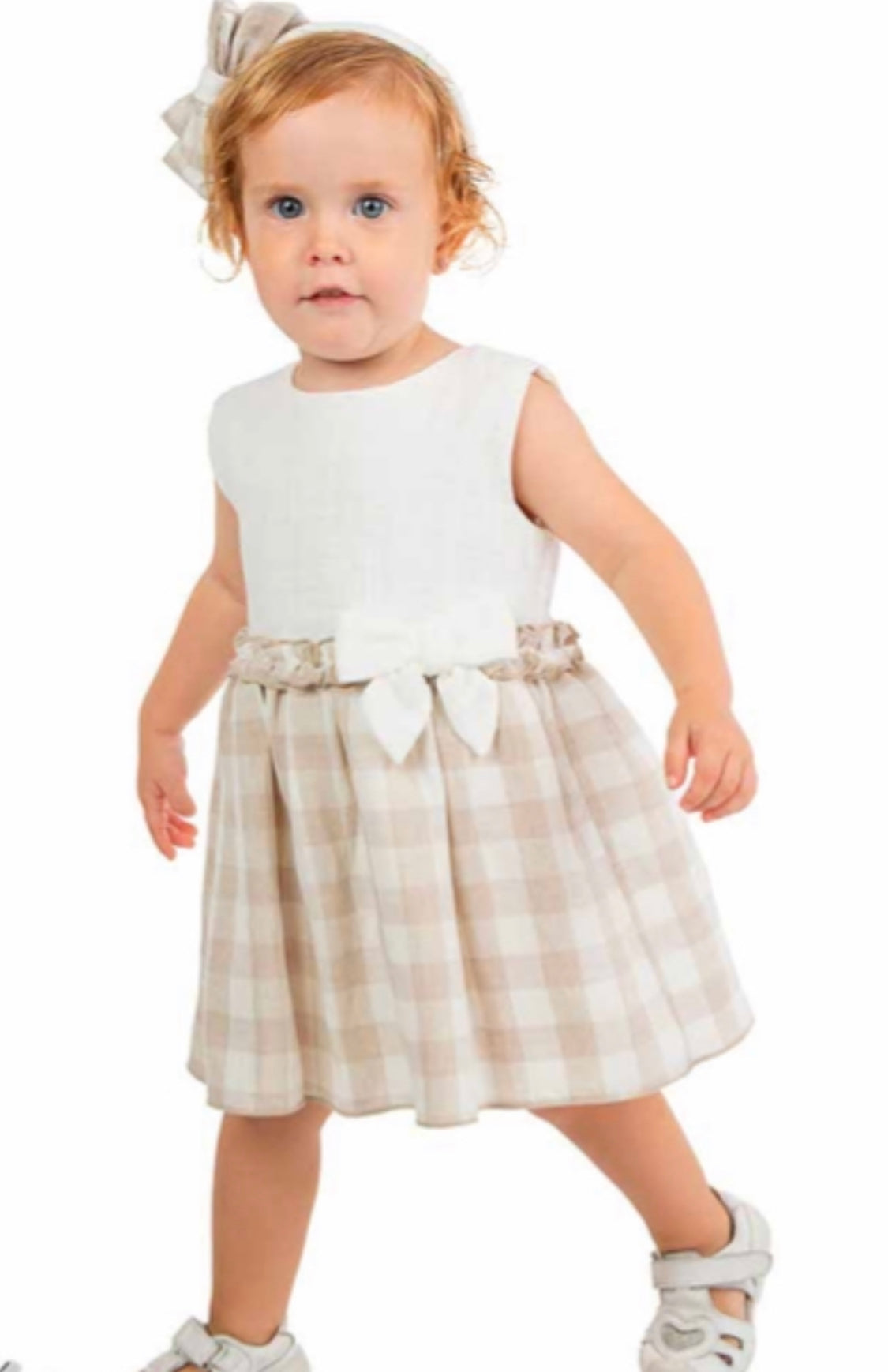 Alber Confecciones Girls Linen Mix Cream/Beige Checked Dress
