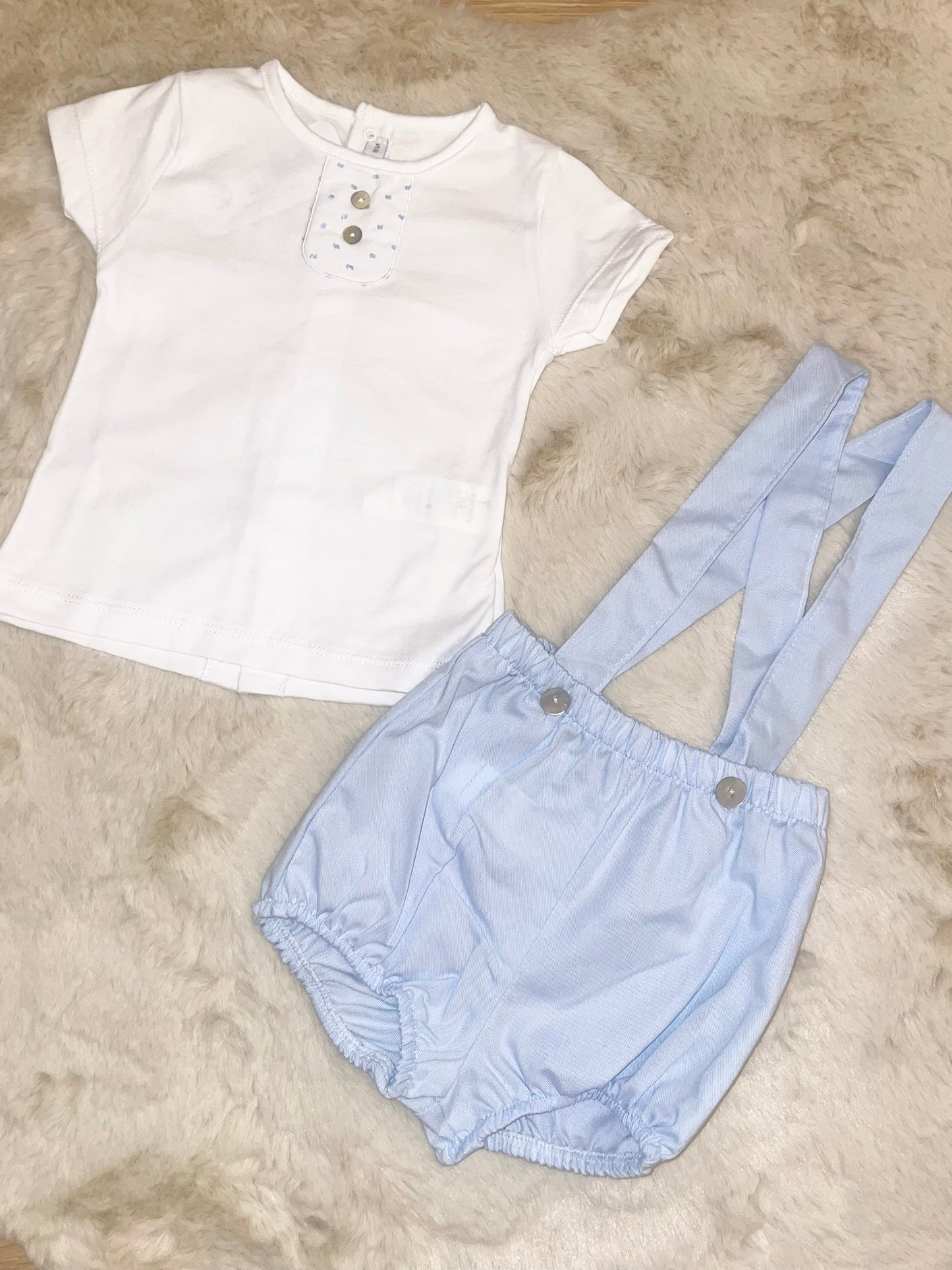 Calamaro Baby Boys White T Shirt and Blue Braces Shorts