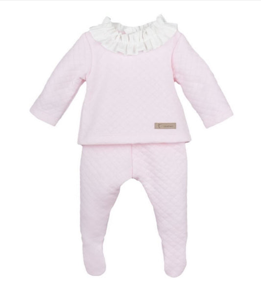 Girls Pink Frilled Collar Top With Matching Trousers