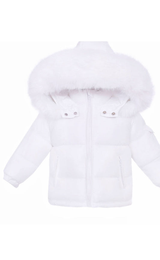 Wee Me White Padded Puffer Coat With Faux Fur Removable Collar