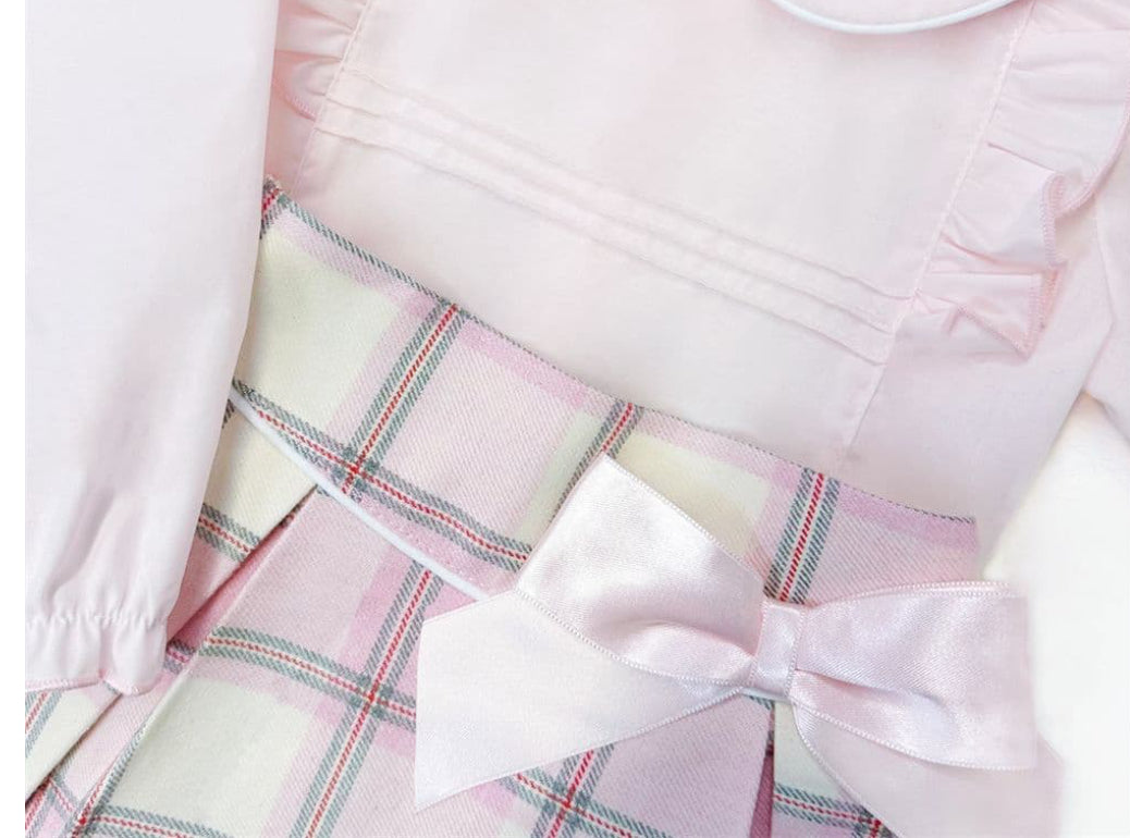 Wee Me Girls Pink Cotton Blouse with Comfy Brushed Cotton Tartan Skirt.