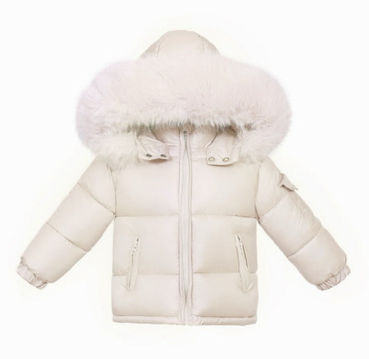 Dark Beige Padded Coat With Faux Fur Hood