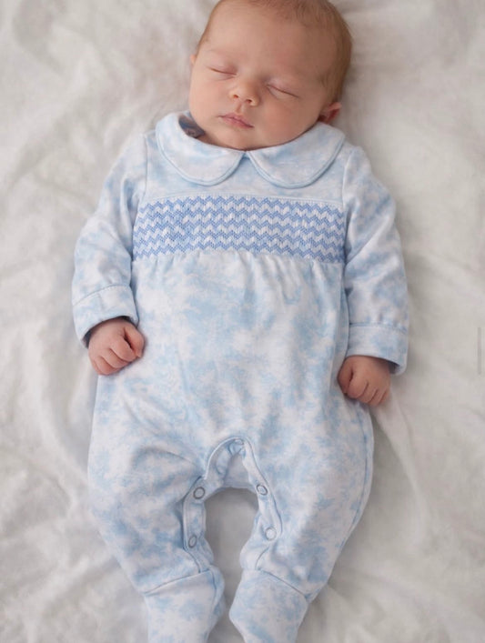 Blue Toile Smocked Babygrow