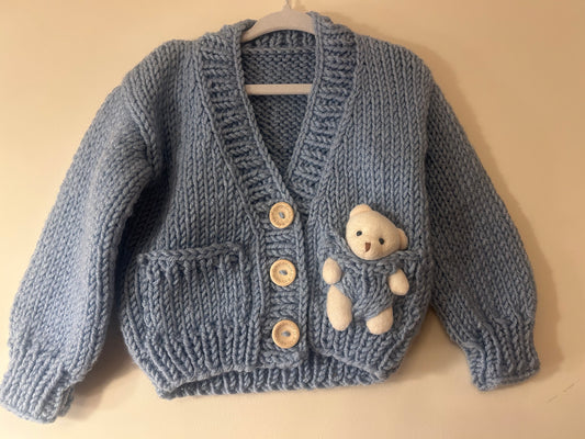 Handmade Blue Pocket Teddy Cardigan