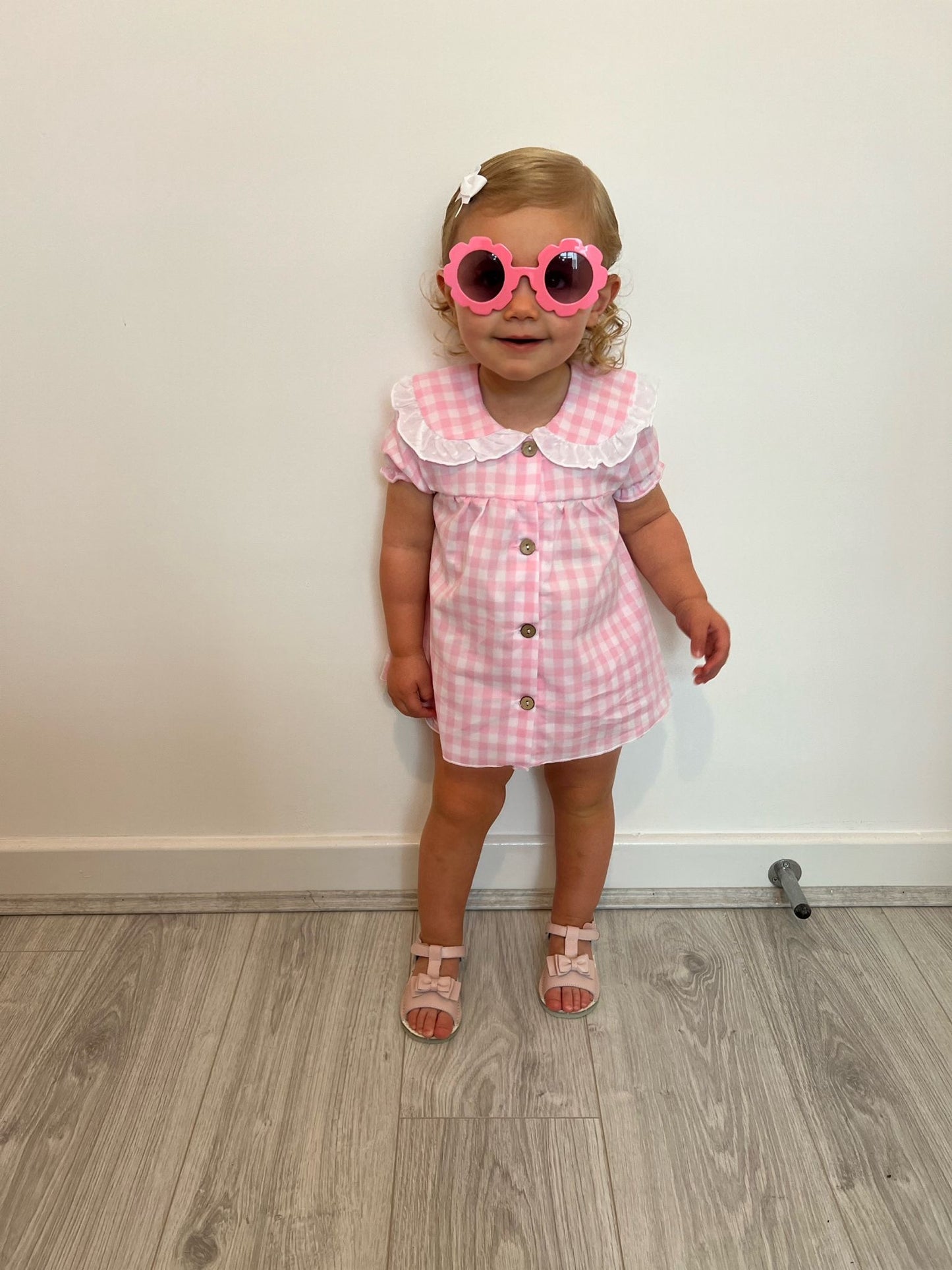 Calamaro Baby Girl Cotton Pink and White Gingham Two Piece