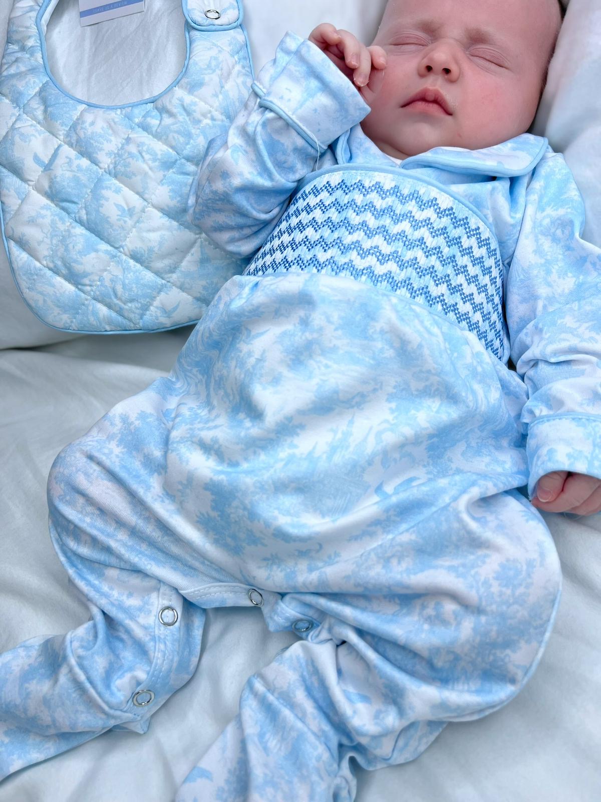 Blue Toile Smocked Babygrow