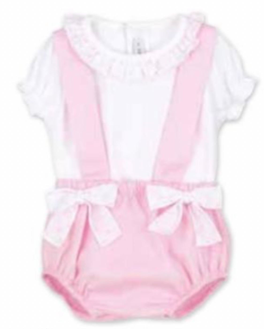 Calamaro Baby Girl White Frill Collared Top With Pink Strappy Pants With Bow Detail