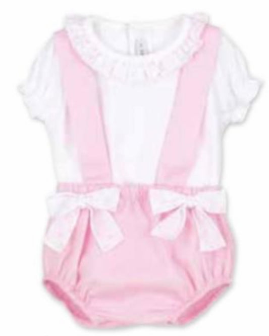 Calamaro Baby Girl White Frill Collared Top With Pink Strappy Pants With Bow Detail