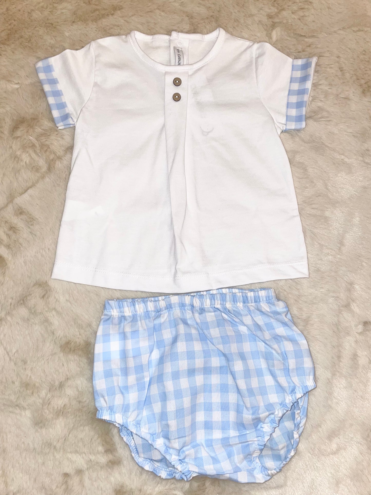 Calamaro Baby Boys White Cotton Top, Blue Gingham Shorts