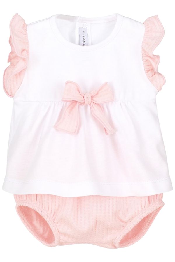 Calamaro Baby Girls White T Shirt With Pink Bow And Pants Set