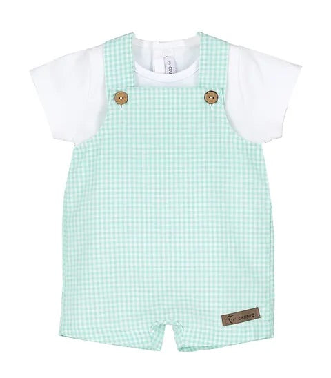 Calamaro Baby Green Gingham Bib And Brace Trousers With White T Shirt