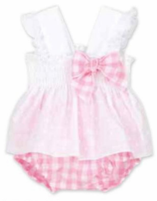 Calamaro Baby Girls White Cotton Top With Pink And White Bow With Gingham Pants