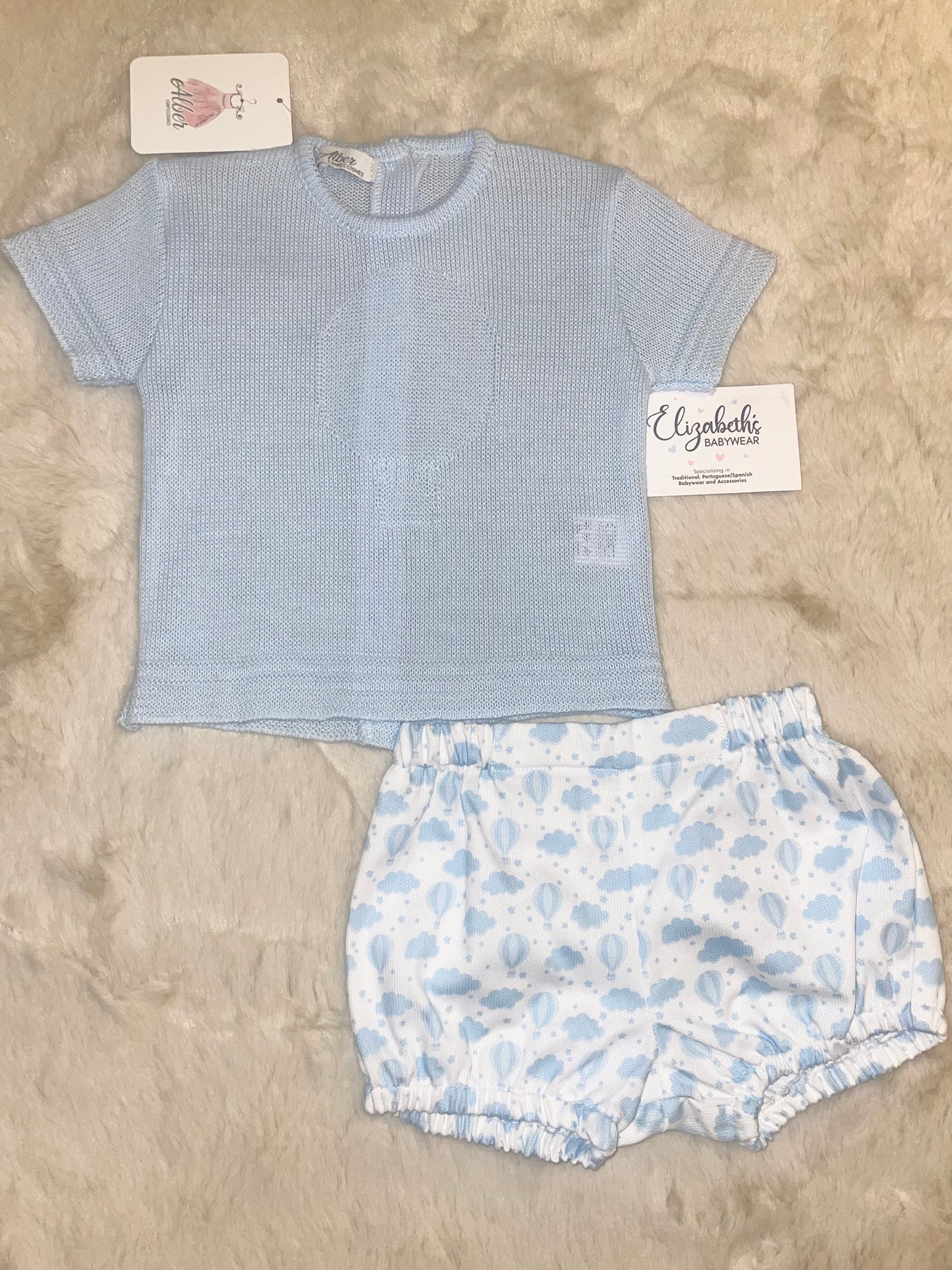 Alber Confecciones Boys Blue Spanish Knit Top & Blue And White Cloud Print Short Set
