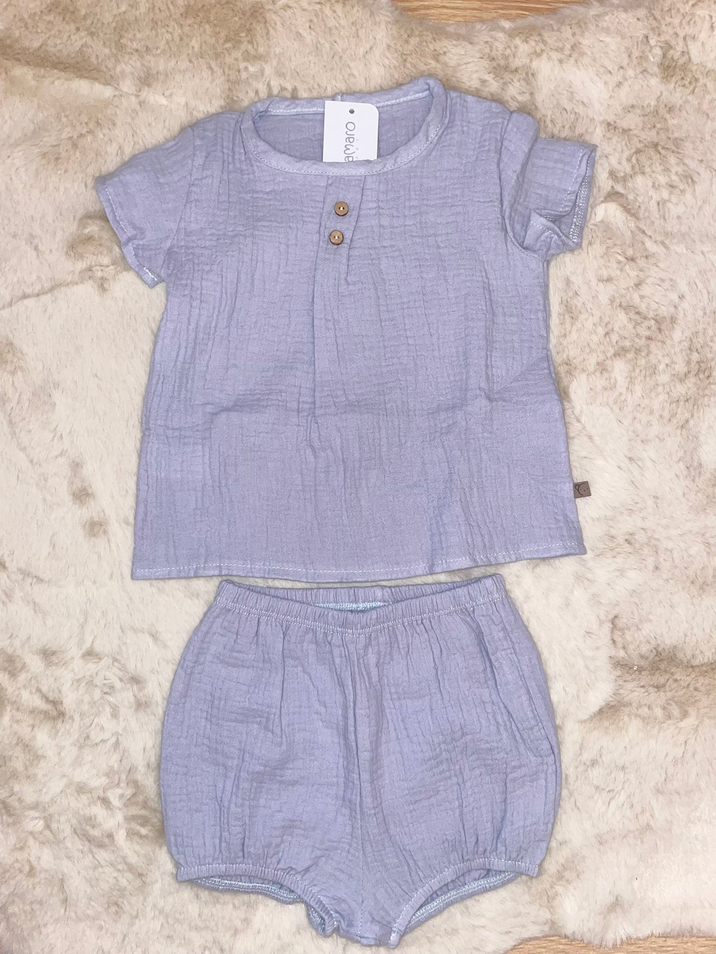 Calamaro Baby Boys Blue Light Cotton Short Sleeved Top & Short Set