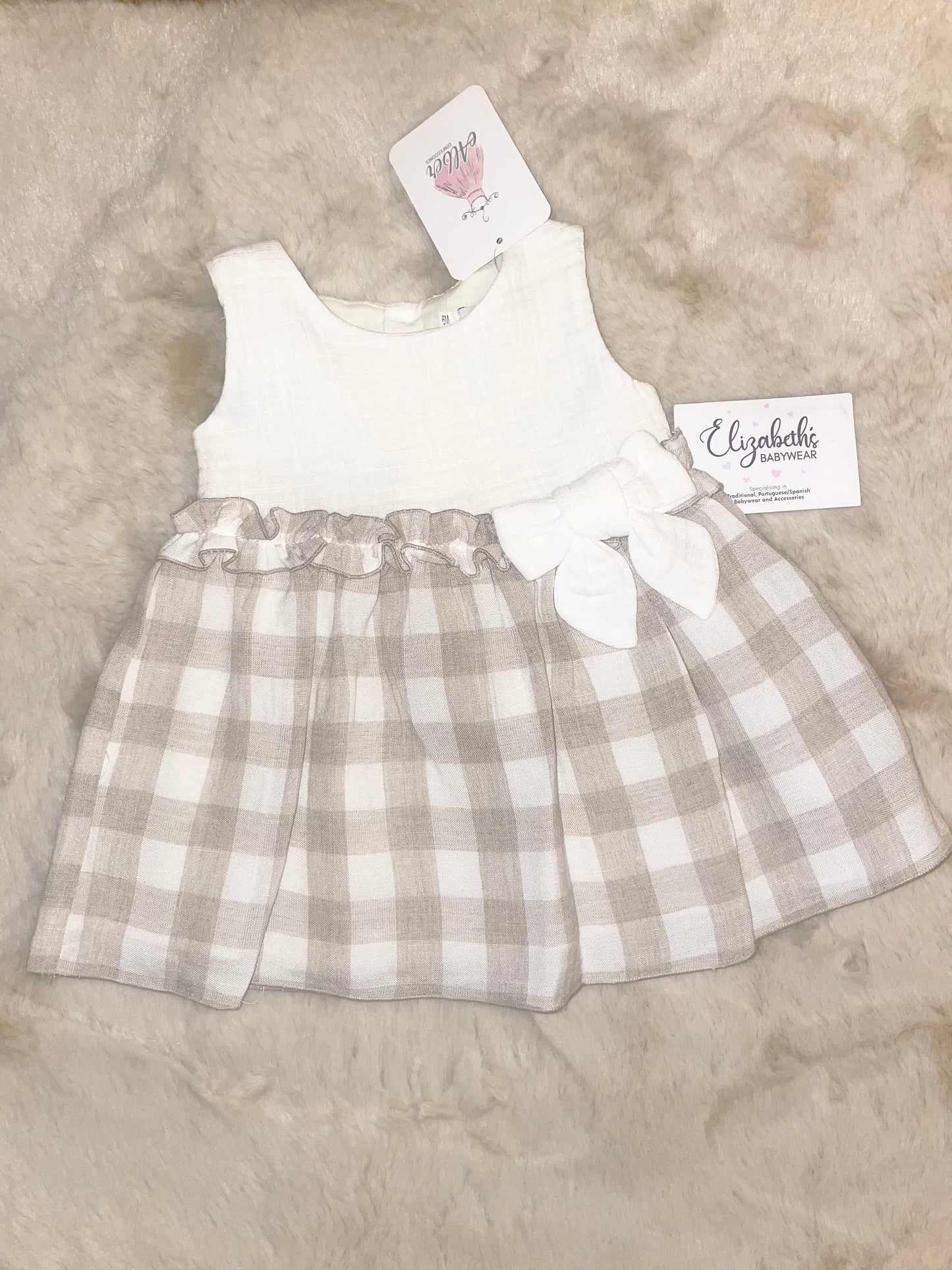 Alber Confecciones Girls Linen Mix Cream/Beige Checked Dress